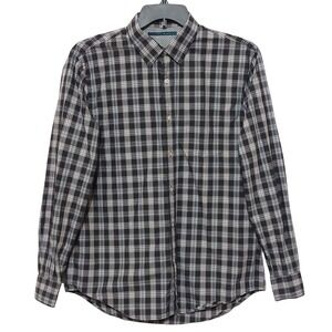 Perry Ellis Mens Large‎ Plaid Button Up Shirt Long Sleeve Black White Red Cotton